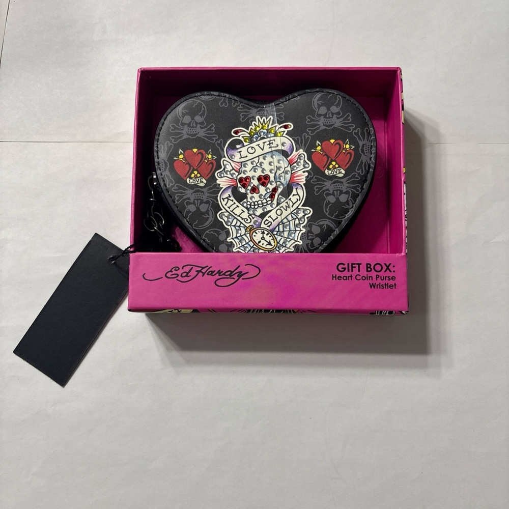 Ed Hardy Black Heart Wristlet with Red and White Design